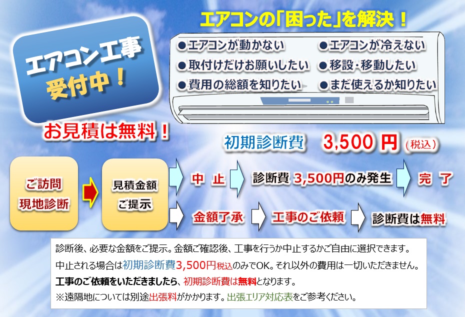 エアコン工事受付中。エアコンの「困った」を解決！●エアコンが動かない●エアコンが冷えない●取付けだけお願いしたい　●移設・移動したい●費用の総額を知りたい●まだ使えるか知りたい