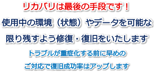 リカバリは最後の手段です。使用中の環境やデータを可能な限り残すよう修復・復旧いたします